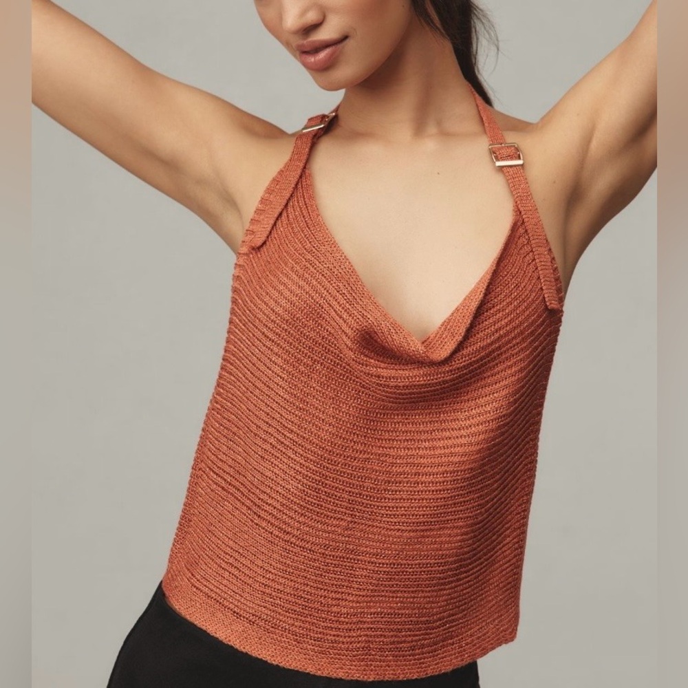 🟤NWT ANTHROPOLOGIE Cowl-Neck Buckle
Sweater Tank in Orange XL